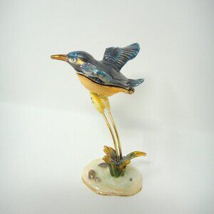 Trinket Box Enamel Flying Kingfisher Bird Blue Yellow Jeweled